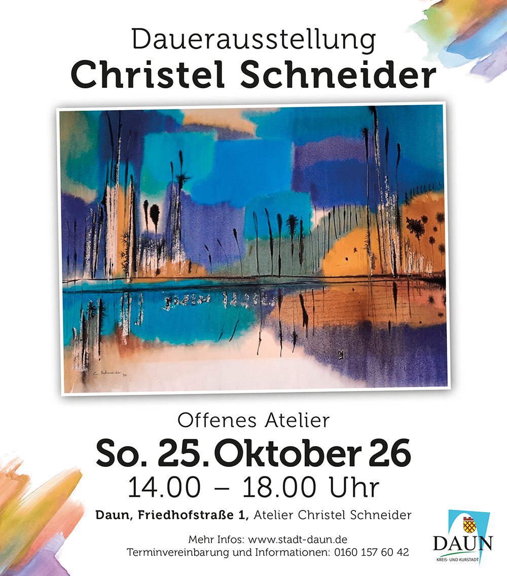 Flyer der Stadt Daun für das „Offene Atelier Christel Schneider“ am 25. Oktober 2026